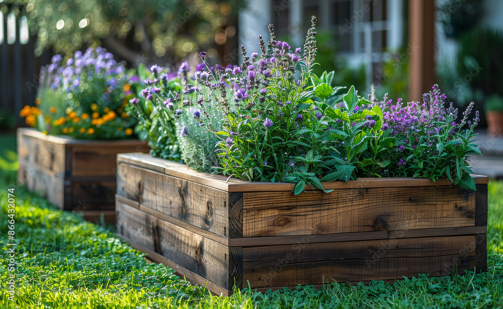 Two wooden planters with flowers in them. The flowers are purple and yellow. The planters are placed in a grassy area Two wooden planters with flowers in them. The flowers are purple and yellow. The planters are placed in a grassy area