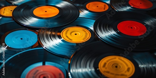 Vintage Vinyl Records with Colorful Labels in Artistic Arrangement photo