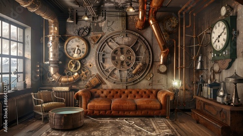 Steampunk interior. Creative design of a living room in steampunk style. Copper pipes, clocks and gears as design elements