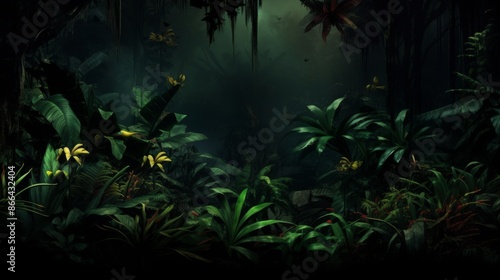 Fototapeta Naklejka Na Ścianę i Meble -  A dense jungle scene is depicted with lush green foliage and vibrant plants. The atmosphere is misty and mysterious, capturing the essence of a thriving tropical rainforest.