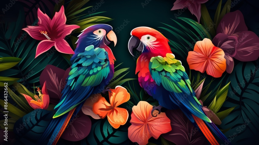 Obraz premium A pair of colorful parrots with intricately detailed feathers perch amidst vibrant jungle flowers, showcasing tropical beauty and diversity under a dark canopy.