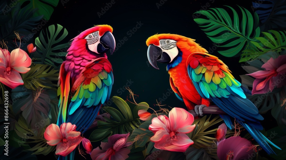 Obraz premium Two vividly colorful parrots stand out against a backdrop of lush green foliage and pink flowers, illustrating the rich vibrancy and natural beauty of the tropical forest.
