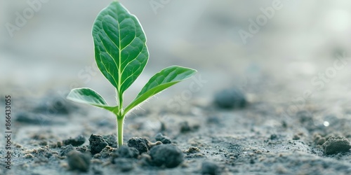 A plant emerges in arid desert soil, marking the beginning of the tree's life. Concept Nature, Growth, Desert, Lifecycles, Plant Growth photo