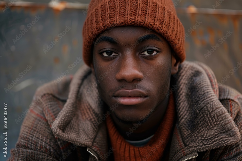 Portrait of a young man wearing a knitted beanie and warm jacket outdoors Portrait of a young man wearing a knitted beanie and warm jacket outdoors