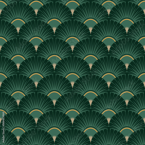 Vintage Art Deco Seamless Pattern. Geometric decorative with abstract elements. Retro background. Green background