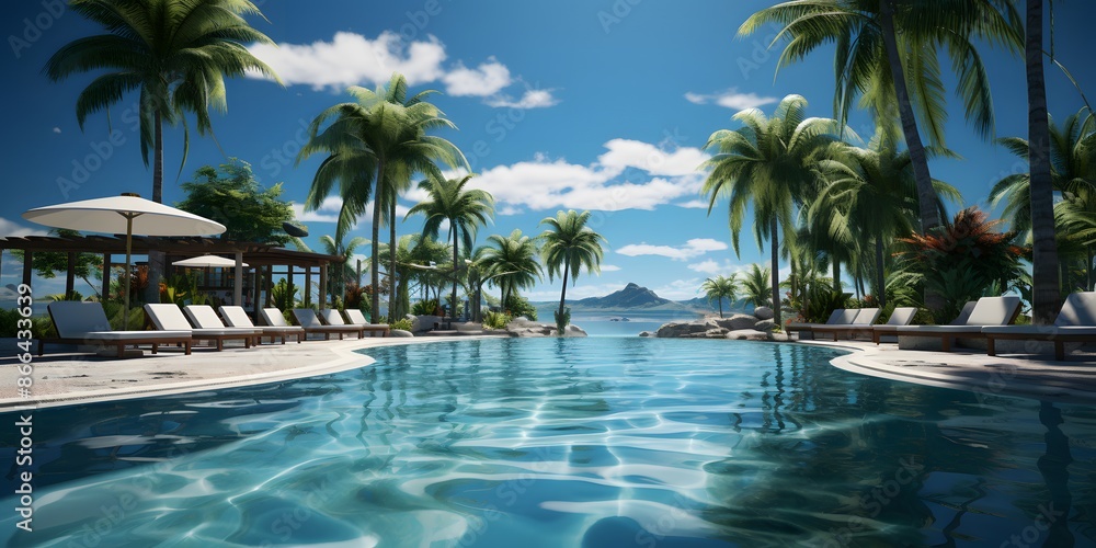 Obraz premium Lounge With Tropical Poolside Relaxation, Luxurious poolside retreat with elegant tropical