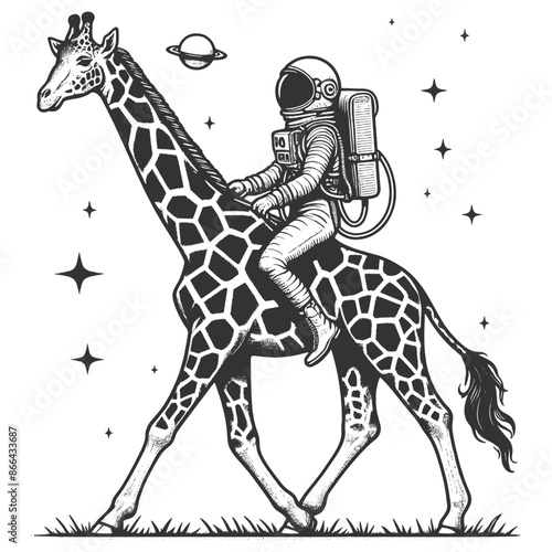 astronaut mounted on a giraffe against a backdrop of stars and planets sketch engraving generative ai fictional character vector illustration. Scratch board imitation. Black and white image.