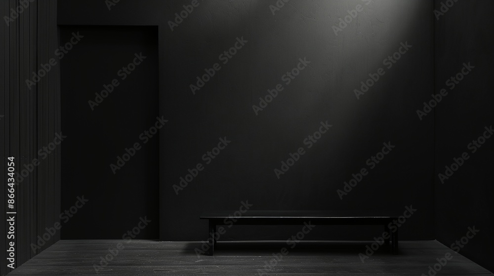 a bench in a dark room with a light coming from the ceiling a bench in a dark room with a light coming from the ceiling