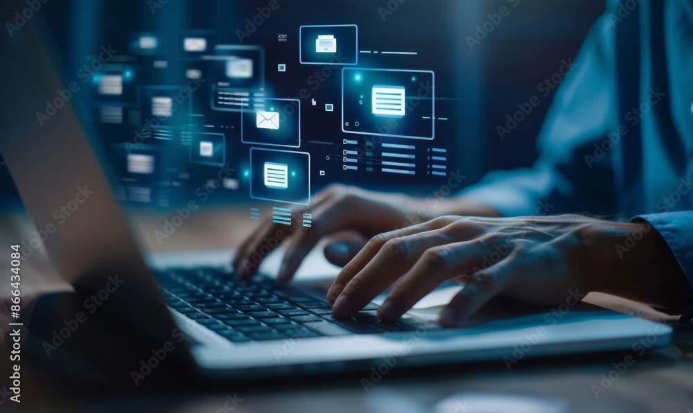 Man Working on Laptop with Digital Interface Man Working on Laptop with Digital Interface