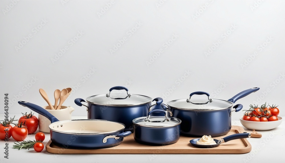 steel cookware and pan on white background, copy space for text, ad shot. steel cookware and pan on white background, copy space for text, ad shot.