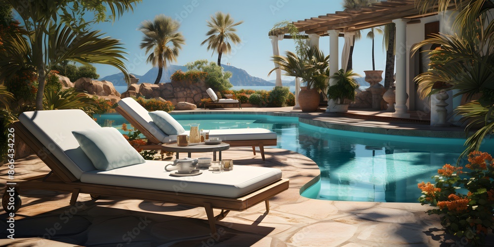 Fototapeta premium Lounge With Tropical Poolside Relaxation, Luxurious poolside retreat with elegant tropical