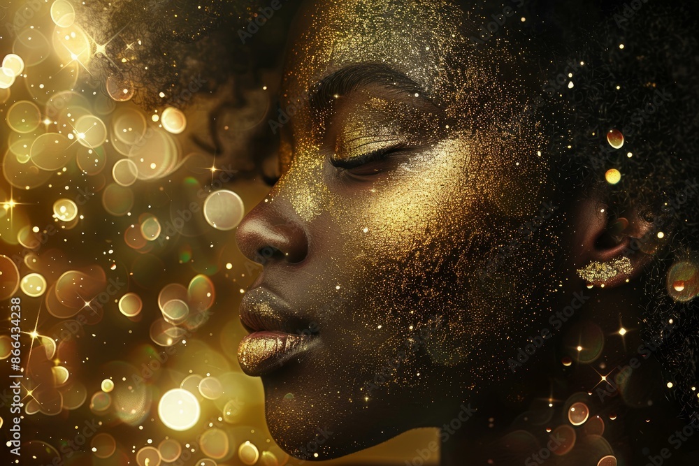 Closeup of a serene woman with golden glitter makeup, surrounded by soft bokeh lights Closeup of a serene woman with golden glitter makeup, surrounded by soft bokeh lights