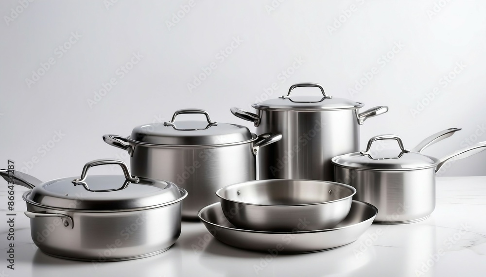 steel cookware and pan on white background, copy space for text, ad shot. steel cookware and pan on white background, copy space for text, ad shot.