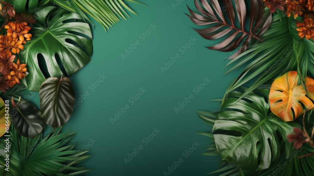 Lush green tropical leaves are complemented by bright orange flowers, set against a darker, rich green background, creating an exotic and vivid visual journey. Lush green tropical leaves are complemented by bright orange flowers, set against a darker, rich green background, creating an exotic and vivid visual journey.