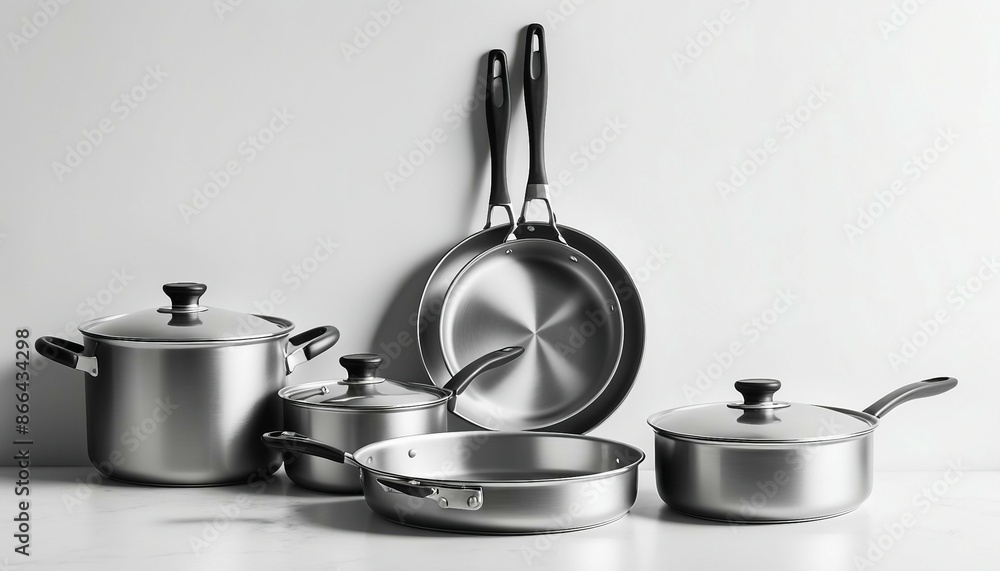 steel cookware and pan on white background, copy space for text, ad shot. steel cookware and pan on white background, copy space for text, ad shot.