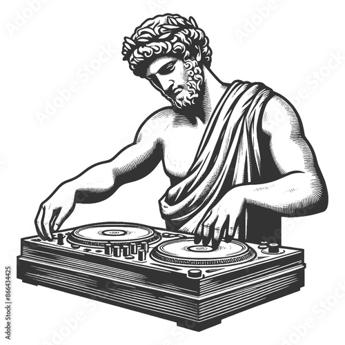 classical greek statue figure as a DJ, blending ancient art with modern elements sketch engraving generative ai fictional character vector illustration. Scratch board imitation. Black and white image.