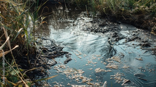 Contaminated water surface in river or lake with a dirty environment