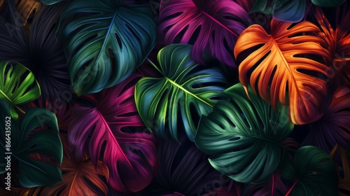 A vibrant depiction of tropical leaves in various colors, creating a stunning visual display of nature's beauty and diversity, emphasizing lush greenery and exotic flora. © Drew