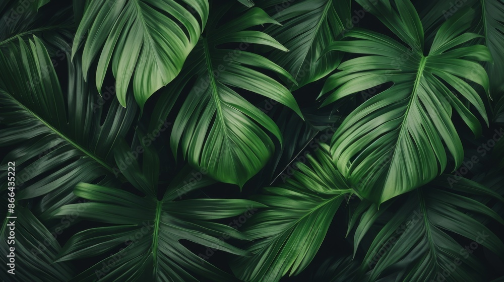 A vivid depiction of lush, green tropical leaves covers the image, exuding a sense of tranquility and natural beauty with shadows that add depth and mystery to the scene. A vivid depiction of lush, green tropical leaves covers the image, exuding a sense of tranquility and natural beauty with shadows that add depth and mystery to the scene.