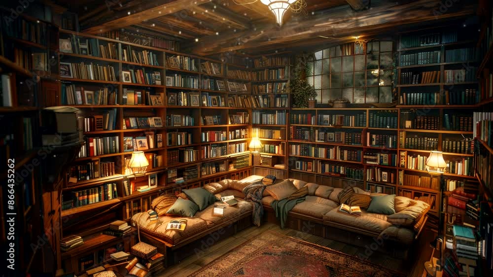Cozy library with bookshelves and warm lighting, inviting loop video background Cozy library with bookshelves and warm lighting, inviting loop video background