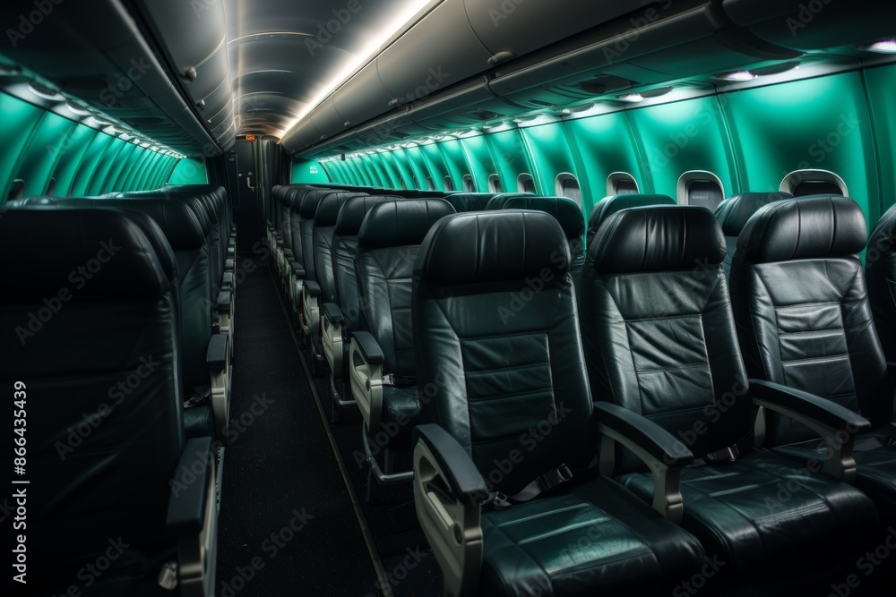 Fototapeta premium Comfortable black leather seats in a modern planes economy class cabin with blue ambient lighting. Suitable for travel, tourism, and aviation industries.