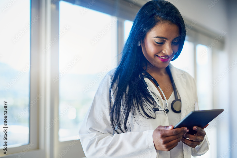 Woman, doctor and reading tablet for healthcare research with hospital records, results or schedule. Happy medical worker with digital technology or software for cloud computing solution in clinic Woman, doctor and reading tablet for healthcare research with hospital records, results or schedule. Happy medical worker with digital technology or software for cloud computing solution in clinic
