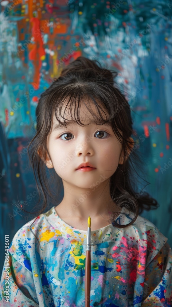 Chinese child with a creative look and a paintbrush Chinese child with a creative look and a paintbrush