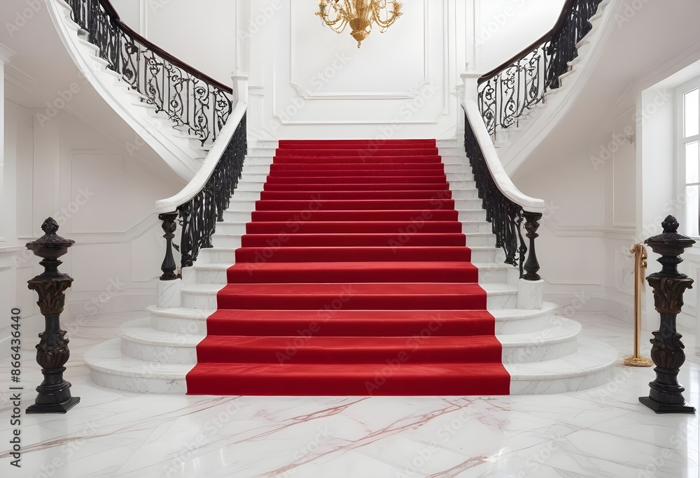 Obraz premium Luxury elegant white marble classy staircase with premium red carpet, empty white marble and stone hallway, columns, statues