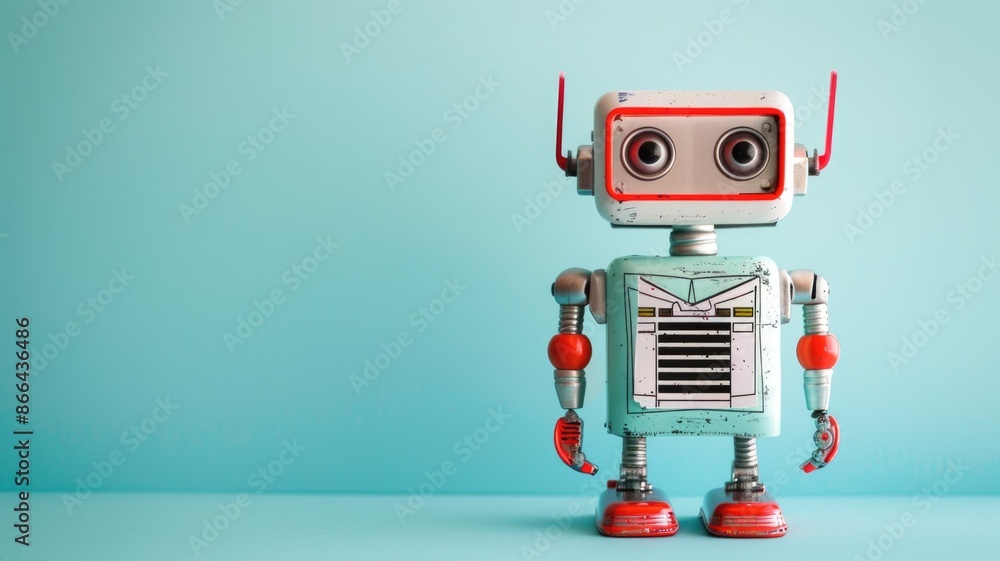 Retro-style toy robot with red arms and teal body standing against light blue background Retro-style toy robot with red arms and teal body standing against light blue background