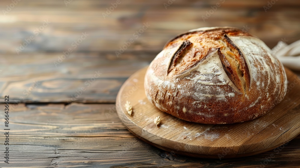 Freshly baked sourdough bread on a wooden cutting board. Crusty and golden brown bread for your baking inspiration. Freshly baked sourdough bread on a wooden cutting board. Crusty and golden brown bread for your baking inspiration.