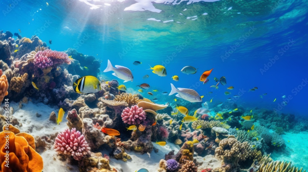 A picturesque underwater view showing schools of fish swimming around colorful coral reefs, highlighting an aquatic paradise filled with vibrant marine life. A picturesque underwater view showing schools of fish swimming around colorful coral reefs, highlighting an aquatic paradise filled with vibrant marine life.