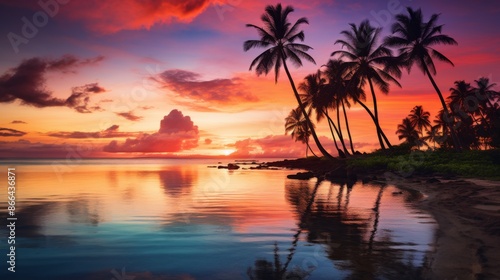 A breathtaking sunset over the horizon is cast over a tropical island, with palm trees swaying in the wind, and the sky lit up with hues of orange, pink, and purple. © Drew