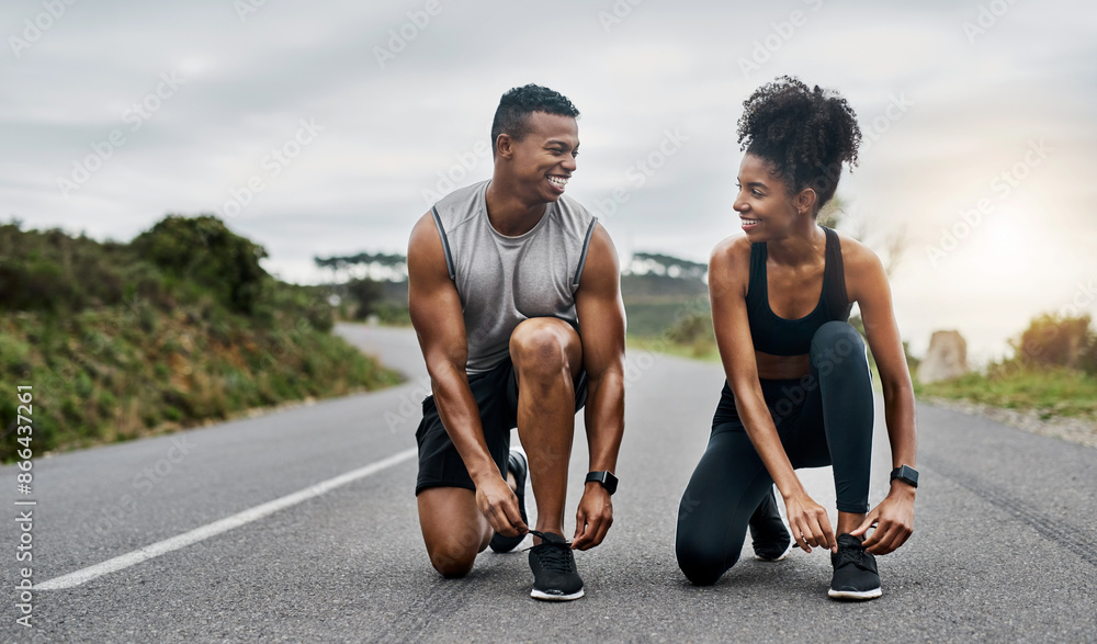 © ClearConcept/peopleimages.com - Nature, fitness and couple tie shoelace in road with running exercise for race or marathon training. Sports, outdoor and people of track and field athletes preparing for cardio workout in mountain. © ClearConcept/peopleimages.com - Nature, fitness and couple tie shoelace in road with running exercise for race or marathon training. Sports, outdoor and people of track and field athletes preparing for cardio workout in mountain.