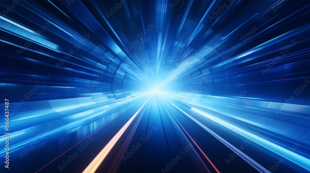 Obraz premium A spectacular futuristic blue tunnel with radiating light beams at the end, creating a sense of motion and speed. Perfect for representing futuristic or technological concepts.