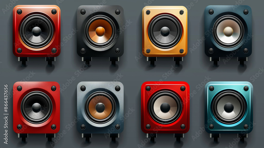 Set of icons representing speakers. Volume control symbol. Icon for a loudspeaker. Sound symbol.