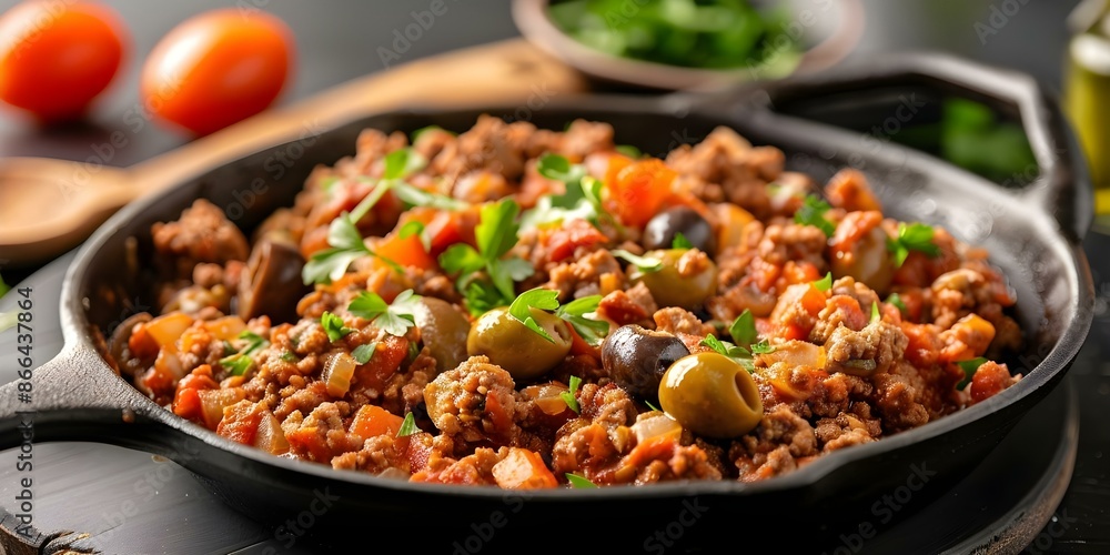 Cuban Picadillo A Flavorful Dish Featuring Ground Beef and Olives. Concept Cuban Cuisine, Picadillo Recipe, Ground Beef Dishes, Olives in Cooking, Latin American Flavors Cuban Picadillo A Flavorful Dish Featuring Ground Beef and Olives. Concept Cuban Cuisine, Picadillo Recipe, Ground Beef Dishes, Olives in Cooking, Latin American Flavors