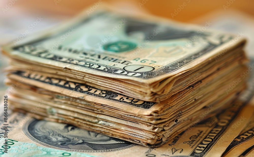 A stack of old, crumpled dollar bills. Concept of wealth and abundance, as well as the passage of time. A stack of old, crumpled dollar bills. Concept of wealth and abundance, as well as the passage of time.
