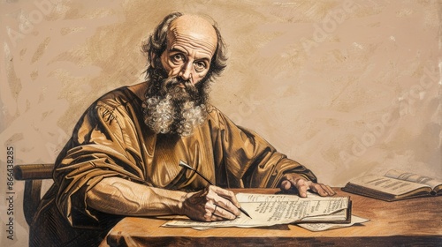 Saint Paul the Apostle in a peaceful study, writing epistles, scholarly dedication, divine inspiration, beige background, Biblical Illustration, copyspace photo