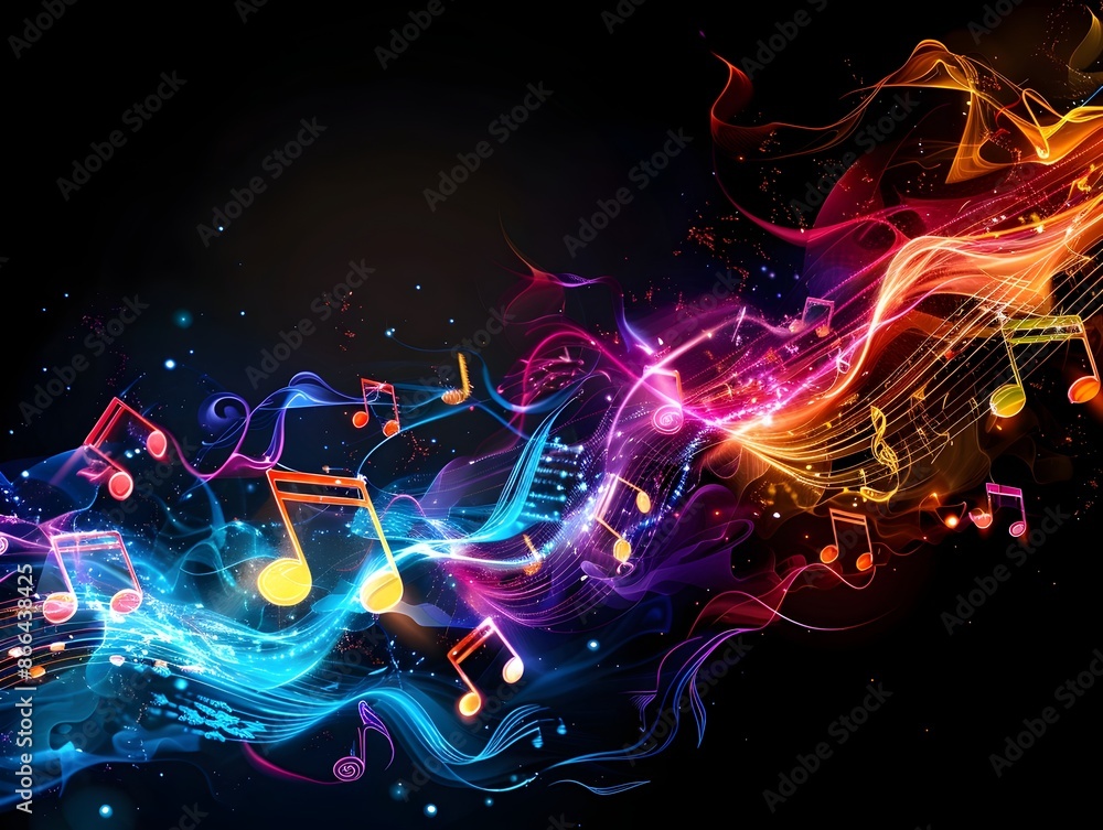 Vibrant Music Notes with Rainbow Trails in Dynamic Energetic Background Vibrant Music Notes with Rainbow Trails in Dynamic Energetic Background