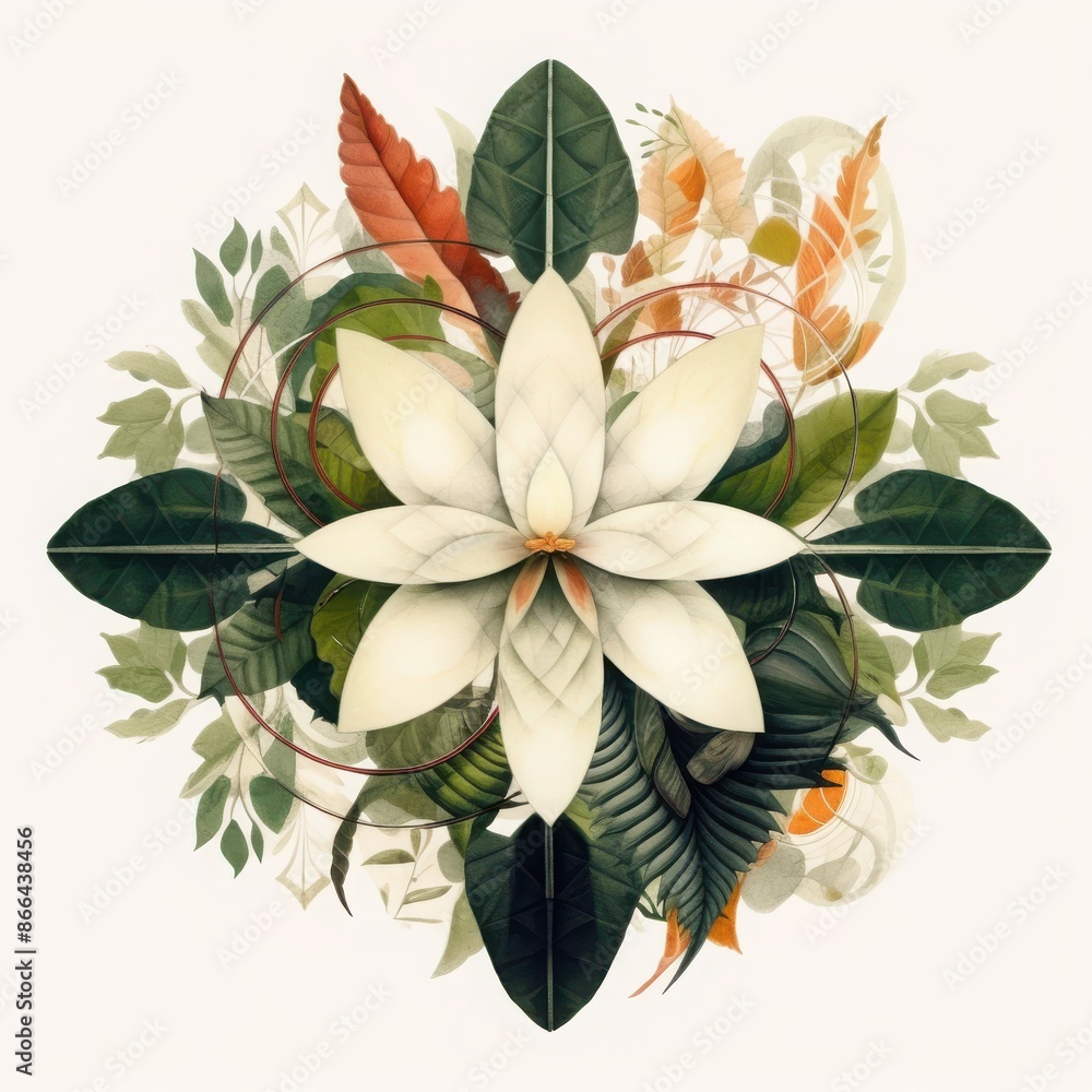 Elegant Botanical Symmetry Design Featuring a Stylized White Flower with Lush Green and Warm Earth-Toned Leaves Elegant Botanical Symmetry Design Featuring a Stylized White Flower with Lush Green and Warm Earth-Toned Leaves