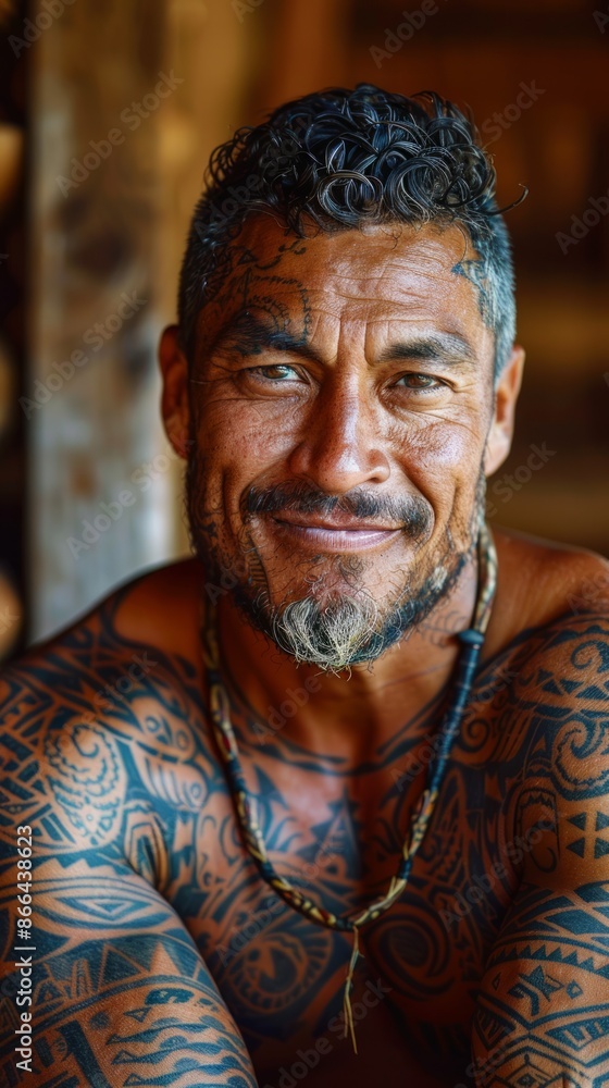Naklejka premium Samoan man with traditional tattoos and a soft smile