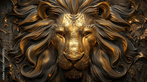 3D lion head with golden fur, elaborate and sophisticated design, high-definition details, perfect for custom wallpaper design, creating a stunning mural, AI-generated illustration © Janejira