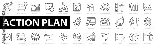 Action plan icons. Goal, team, timeline, schedule, strategy, collaboration, development and more. Vector illustration