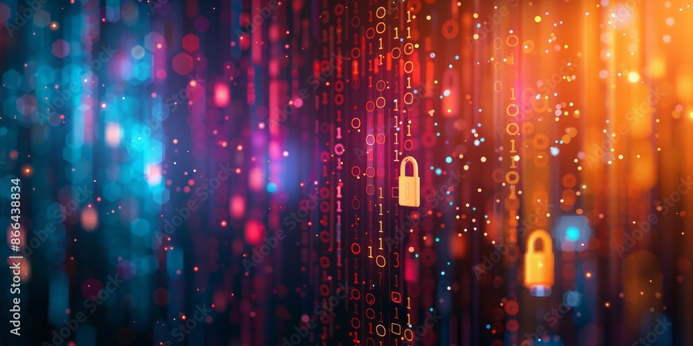 Digital Security Concept with Padlocks and Binary Code in a Vibrant Cyber Environment Digital Security Concept with Padlocks and Binary Code in a Vibrant Cyber Environment