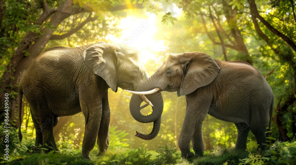 Fototapeta premium Two elephants touch their trunks together in a sunlit forest glade, creating a heartwarming moment amidst vibrant greenery and natural light.