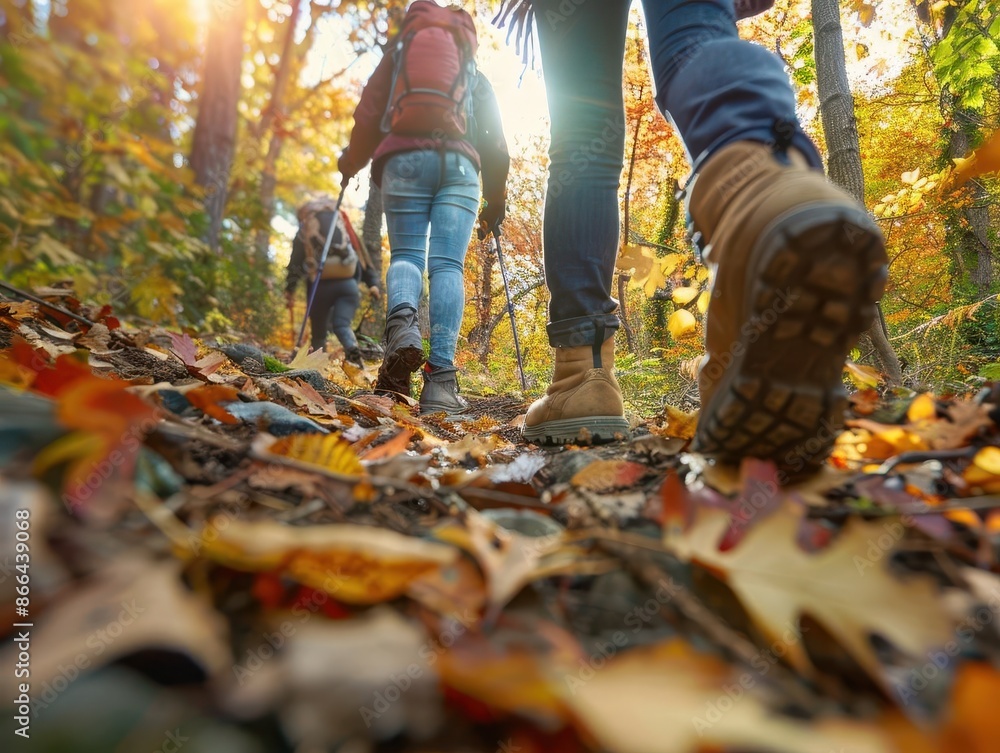 adventurous hikers on autumn trail vibrant foliage boots on path group camaraderie adventurous hikers on autumn trail vibrant foliage boots on path group camaraderie