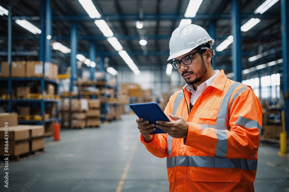 Man, walkie talkie and tablet in factory for communication, orders or check inventory or stock. Male worker, digital technology or contact in shipping company for export, distribution or supply chain Man, walkie talkie and tablet in factory for communication, orders or check inventory or stock. Male worker, digital technology or contact in shipping company for export, distribution or supply chain