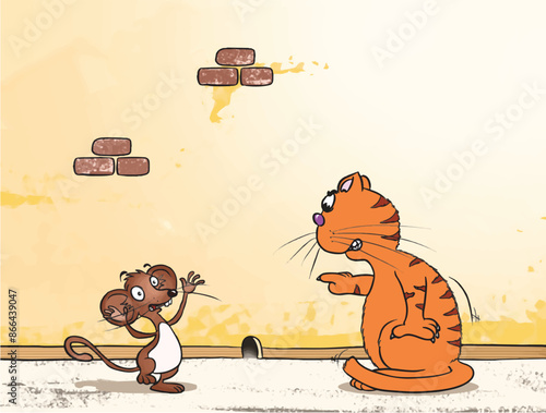 The cat warns the mouse to enter its nest. The cat is angry with the mouse.