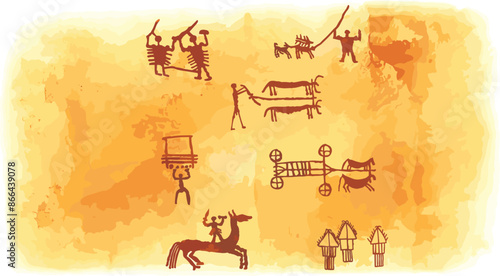 Cave painting on a wall with cracks. Prehistoric magical symbols of ancient people. Art of the Stone Age. archaeology. historical art.