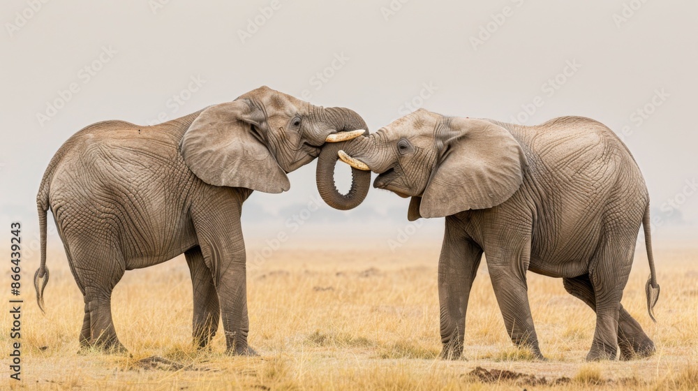 Obraz premium A serene scene where two elephants, symbolizing unity and friendship, intertwine their trunks while standing on a grassy plain with the vast wilderness as their backdrop.